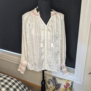 Johnny Was White Embroidered Silk Tunic Blouse